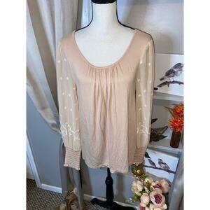 NWT Cable & Gauge size Medium Beige Blouse White Embroidered Sheer Long Sleeve